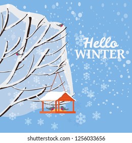 Hello Winter, snow landscape, bird feeder with feed, birds, tree covered with snow, vector, illustration, isolated, banner, poster, card, cover for books, magazines, publications