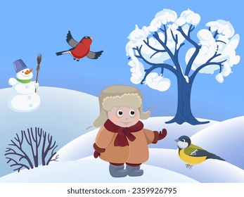 Hola Invierno, paisaje de nieve, alimentador de aves con alimento, pájaros, niño parado cerca de un árbol cubierto de nieve, vector, ilustración, aislado, cartel, carnet, portada para libros, revistas, publicaciones