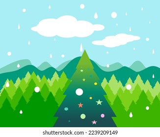 Hola invierno, copos de nieve con paisaje natural