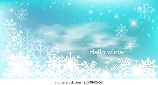 Hello Winter. Snowflakes on a beautiful background. Christmas background for cards, snowfall. All layered and grouped. Vector.