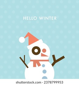Hello Winter with snowman geometric shapes vector illustration. Merry Christmas and happy new year greeting card template.
