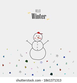 hola ilustración de invierno de snowman con pequeño icono, tarjeta de invierno, dibujo de doodle, tarjeta, fondo de dibujos animados 
