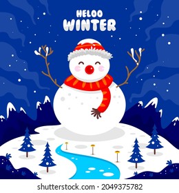 hello winter with a snowman in the mountain when it snows