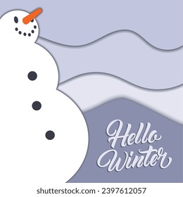 Hello winter with snowman paper art poster Vector illustration