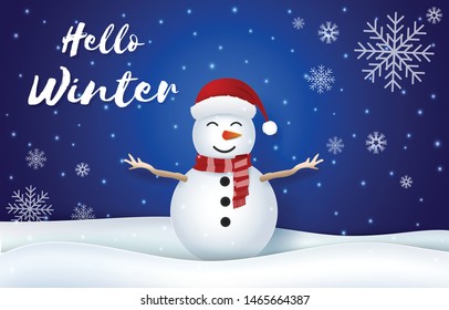 Hello winter with Snowman and snowflake Christmas season paper art, paper craft style on blue background illustration