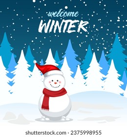 Hello Winter with Snowman and snowflakes vector. Hello winter for social media post. welcome winter vector.