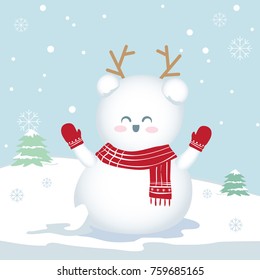 Hello winter! Snowman vector say hi to winter season and thank you for snowing, She love the snowflakes, Today clothes is red scarf and red glove,She has a lovely antler!  so happy and lot of smile.
