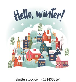 Hello winter. Snowy day in cozy christmas town. Winter christmas village day landscape.