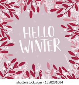 Hello winter social media banner vector template. Wintertime postcard design with positive saying. Hand drawn floral frame with mistletoe and fir branches. Botanical border with holiday season slogan