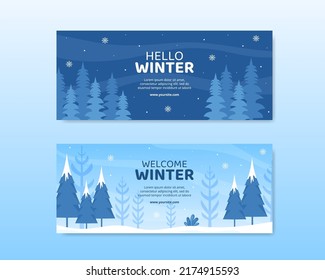 Hello Winter Social Media Horizontal Banner Template Flat Cartoon Background Vector Illustration