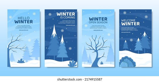 Hello Winter Social Media Stories Template Flat Cartoon Background Vector Illustration