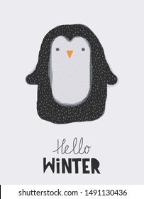 Hello Winter. Sweet Nursery Vector Art with Cute Hand Drawn Baby Penguin Isolated on a Light Gray Background. Childish Style Illustration Ideal for Card, Wall Art, Invitation, Poster, Baby Room Decor.