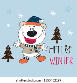 hello winter with teddy bear vector illustration, Christmas with teddy bear, T-shirt graphics design for kids