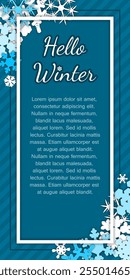 hello winter template. card, frame with winter typography on textured background with snowflakes. vector illustration in contrasting white and blue. for backdrop, banner, greeting, invitation, poster