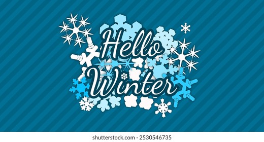 Hallo Wintervorlage. Karte mit einer Gruppe verschiedener Schneeflocken und Wintertypografie auf strukturiertem Hintergrund. einfache süße Vektorgrafik in blauen Tönen. für Kulisse, Gruß, Einladung, Poster