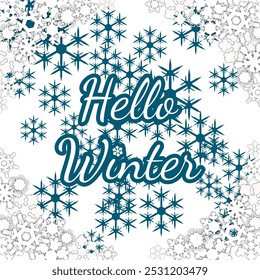 hello winter template. card with winter typography on textured background  with snowflakes. cute vector illustration in contrasting white and blue. for backdrop, banner, greeting, invitation, poster
