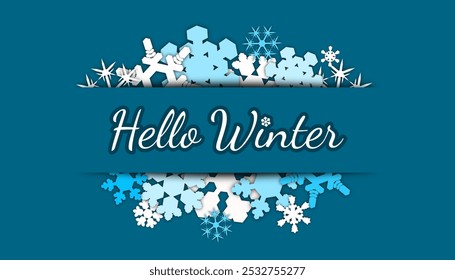 hello winter template. card with winter typography on dark blue background with snowflakes. cute vector illustration in contrasting white and blue. for backdrop, banner, greeting, invitation, poster