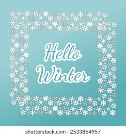 hello winter template. cartão com tipografia de inverno no fundo do gradiente com flocos de neve. ilustração vetorial bonito em branco e azul contrastantes. para pano de fundo, faixa, saudação, convite, cartaz