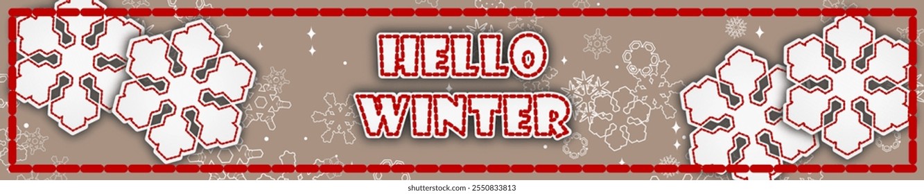 Hola Plantilla de invierno. tipografía de invierno de tarjeta acogedora sobre fondo texturizado con copos de nieve. Ilustración vectorial con bordado de imitación. para fondo, Anuncio, saludo, cartel, encabezado para el Sitio web