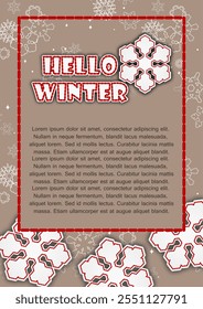 hello winter template. cozy card with winter typography on textured background with snowflakes. cute vector illustration with imitation embroidery. for backdrop, banner, greeting, invitation, poster