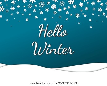 hello winter template. minimalistic card with snowflakes randomly fall from above and snowdrifts below on blue background. simple cute vector illustration. for backdrop, greeting, invitation, poster