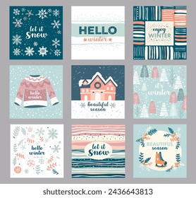 Hello winter templates greeting cards with cute patterns in Scandinavian style vector illustration. Wintertime poster, beautiful season postcard abstract design with snowy weather and snowflakes