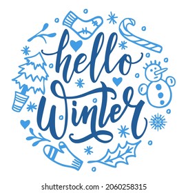 Hello Winter text. Winter background with hand drawn winter elements and text made with brush and ink. Vector Illustration
