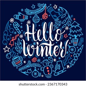 Hello Winter text. Winter background with hand drawn winter elements and text made with brush and ink. Winter Card with Leaves and Branches Vector Illustration