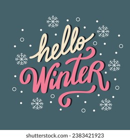 Hello Winter text banner. Handwriting lettering hello Winter square composition. Han drawn vector art