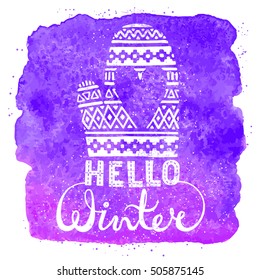Hello winter text brush lettering and knitted woolen mitten with heart on watercolor background. Seasonal shopping concept design for the banner or label. Isolated vector illustration.