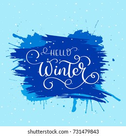 Hello winter text. Christmas vector card design with custom calligraphy. Winter xmas season cards, greetings for social media