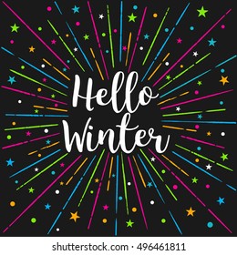 Hello Winter Text Color Sunburst.Vector Lettering Card Illustration Design Calligraphy Style. Winter Season Card, People Greetings