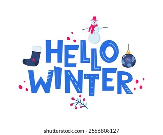 Hello Winter text decorated lettering. Typography for cards, poster, t-shirt, invitations, other types design.