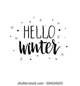 Hello winter text. Handwritten brush lettering. Vector greeting card. EPS 8.