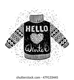Hello winter text and knitted wool pullover with a heart. Seasonal shopping concept design for the banner or label. Isolated vector illustration.