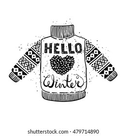 Hello winter text and knitted wool sweater with a heart. Seasonal shopping concept design for the banner or label. Isolated vector illustration.