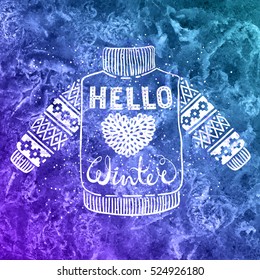 Hello winter text and knitted wool sweater with a heart on watercolor background. Seasonal shopping concept design for the banner or label. Isolated vector illustration.