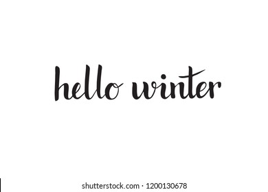 Hello winter text lettering, hand written phrase, minimalistic style, for instagram post, postcard, party invitation or greeting card