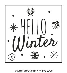 Hello Winter text - lettering at white background with snowflakes. Winter logo for design cards, posters, flyers. Hand drawn style. Vector illustration