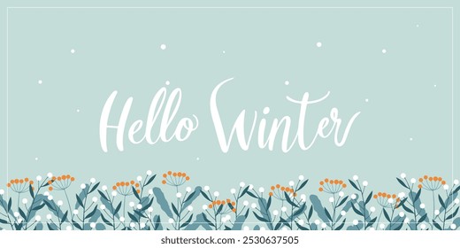 Hola Invierno, texto en Anuncio con ramas frías de invierno, colores fríos azules y bayas de naranja. Ilustración vectorial