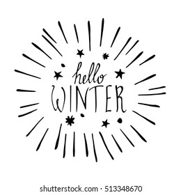 Hello winter text on red knit texture background. Winter season cards, december typography greetings for social media. Vector lettering