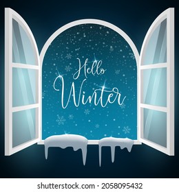 Hello winter text in an open window with snowfall. Vector 3D illustration.