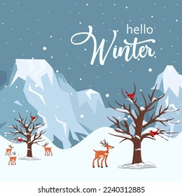 Hello winter text with reindeers and trees without leaves background