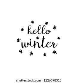 Hello Winter text and snowflakes isolated on white background. Elements  for invitation, greeting card, t-shirt, prints and posters. Vector illustration.