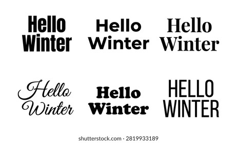 Hello winter text in various fonts and styles on white background