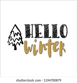 Hello winter text. Vector card design with custom calligraphy. Winter season cards, greetings for social media.Hello winter black handwritten inscription. 