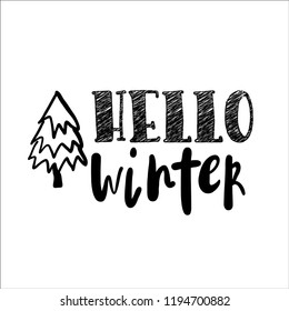Hello winter text. Vector card design with custom calligraphy. Winter season cards, greetings for social media.Hello winter black handwritten inscription. 
