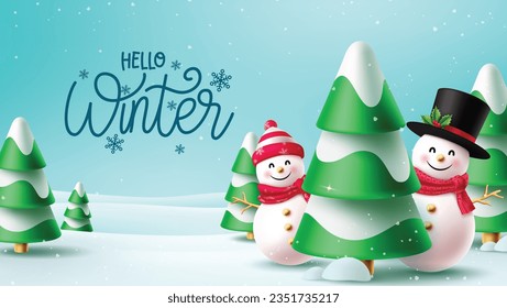 Hello winter text vector design. Winter snow man characters with pine tree and fir tree elements for seasonal greeting card decoration. Vector illustration holiday season background.
