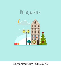 Hello, Winter text. Vector illustration. Cute winter house building isolated with Christmas fir-tree, lantern (street light), moon, cloud. Christmas spirit. Concept for design elements, eps10.