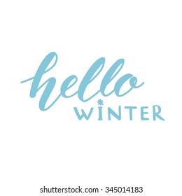 Hello winter text, vector lettering isolated on white background. Modern typography, pastel blue color. Winter season cards, december greetings for social media